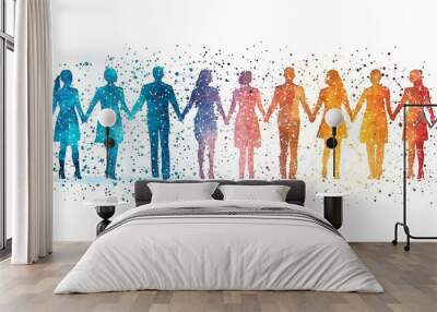 A diverse group of people holding hands in a vibrant abstract watercolor illustration, celebrating unity and diversity. Wall mural