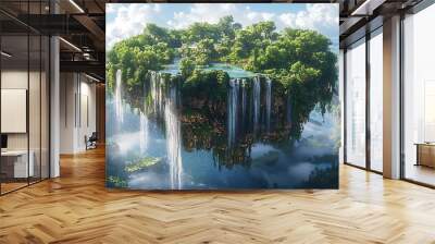 A fantasy landscape with a floating island and waterfall, surrounded by lush greenery and clouds. Wall mural