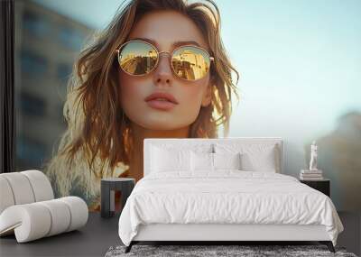 A fashionable woman in sunglasses, her lenses reflecting the cityscape. Wall mural