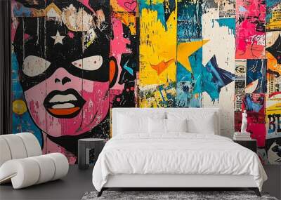 A female face peers out from an abstract pop art graffiti wall, surrounded by colorful posters. Wall mural