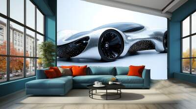 A futuristic silver sports car, sleek and bold, represents cutting-edge design and innovation. Wall mural