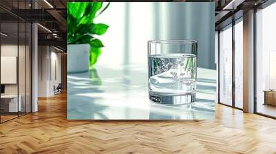 A glass of water with bubbles sits on a white marble table, framed by lush green plants. Wall mural