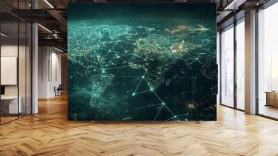 A global network map with digital connections, neon lines, and city lights visualizes a connected world brimming with technology. Wall mural