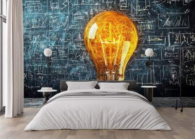 A glowing light bulb on a chalkboard symbolizes a bright idea amidst chalk-drawn equations. Wall mural