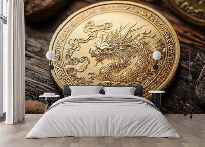 A gold dragon coin rests on a wooden background, exuding a sense of ancient wealth and power. Wall mural