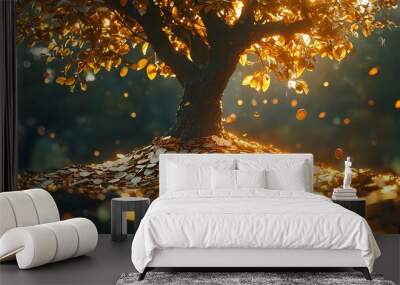 A golden tree with falling coins and a bokeh background captures the enchanting vision of abundance and financial success. Wall mural