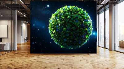 A green sphere glows with blue bokeh lights, an abstract scene infused with natural beauty. Wall mural