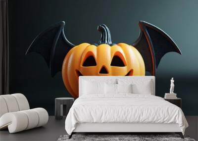 A Halloween pumpkin with bat wings flies against a mysterious black background. Wall mural