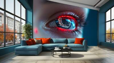 A human eye reflects digital code, representing the fusion of humanity and futuristic technology. Wall mural