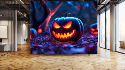 A Jack-o�-lantern glares from the dark depths of a shadowy forest. Wall mural