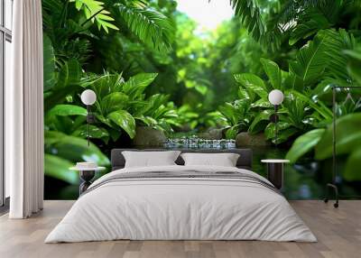 A lush tropical rainforest creek with green foliage and flowing water captures the essence of natural serenity. Wall mural