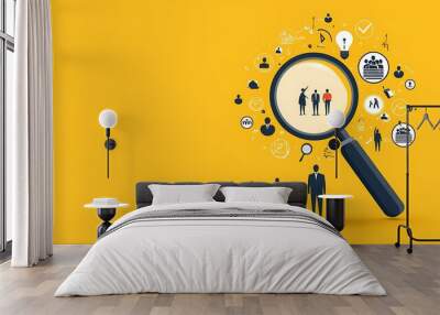 A magnifying glass zooms in on people icons on a yellow background, capturing the business concept of talent search and recruitment. Wall mural