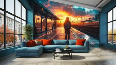 A man�s silhouette waits on a train platform at sunset, captured in a moment of solitude. Wall mural