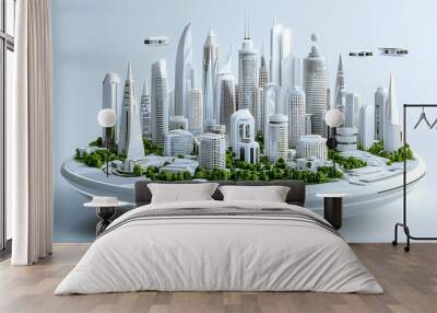 A model of a futuristic cityscape with flying cars and green spaces paints a picture of tomorrow�s world. Wall mural