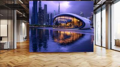 A modern cityscape with futuristic architecture, reflecting the lights of the urban skyline. Wall mural