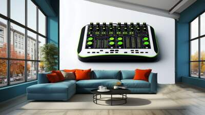 A modern green and black audio mixer console stands alone, its clean lines crisp against the white. Wall mural