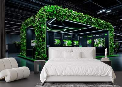 A modern green expo booth design with neon lights and lush greenery, merging futuristic elements with natural aesthetics. Wall mural