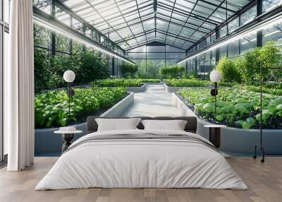 A modern greenhouse brims with lush greenery bathed in natural sunlight, a harmonious blend of technology and nature�s vitality. Wall mural