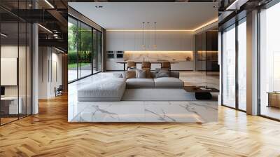 A modern living room interior features a white sofa and marble floor, exuding luxury and minimalist style. Wall mural