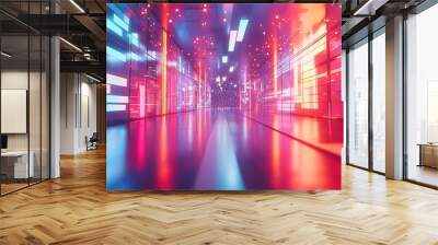 A neon lights corridor, abstract and vibrant, with lines of light creating a sense of infinite depth. Wall mural