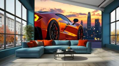 A red sports car glistens at sunset, the city skyline forming a dramatic backdrop. Wall mural