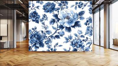 A seamless blue floral pattern painted in watercolor, soft and elegant. Wall mural