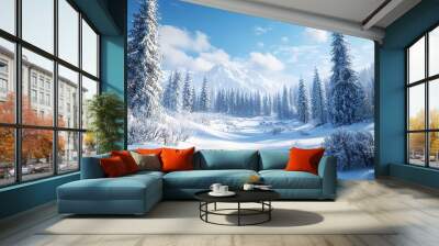 A snowy mountain forest landscape features pine trees under a blue sky, capturing the crisp and tranquil beauty of winter. Wall mural