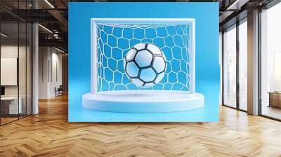 A soccer ball lands in a goal net, set against a blue background, signaling victory. Wall mural