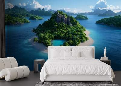 A tropical paradise unfolds with white sand, turquoise waters, and a serene lagoon. Wall mural