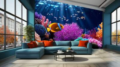 A vibrant coral reef comes alive with clownfish and sunbeams, a lively underwater paradise. Wall mural