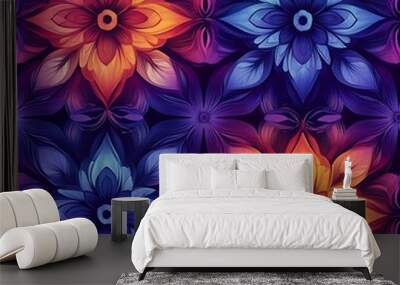 A vivid abstract floral pattern bursts with hues of purple, blue, orange, and red. Wall mural