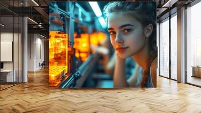 A woman gazes at a 3D printer bathed in an orange glow. Wall mural