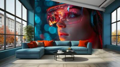 A woman in augmented reality glasses, bathed in neon lights, peers into the future. Wall mural