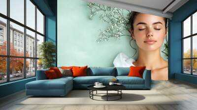 A woman relaxes surrounded by flowers in a spa, a perfect harmony of beauty and wellness. Wall mural