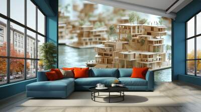 A wooden model of a sustainable city features water and trees, a vision of harmonious urban planning. Wall mural