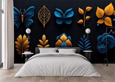 Abstract blue and gold paper cut leaves, butterflies, and flowers on a black background, creating a luxurious and intricate design. Wall mural