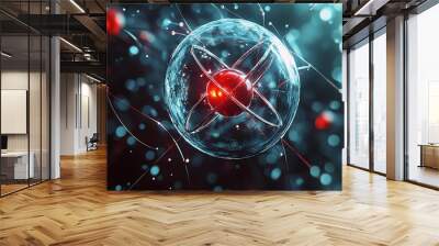 An abstract atom sphere with a red core and a blue bokeh background, blending science and art. Wall mural