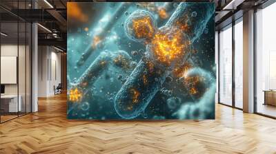 An abstract cell structure glowing with microscopic particles, alive with energy. Wall mural