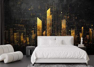 An abstract golden cityscape illustration, capturing urban architecture with digital artistry. Wall mural