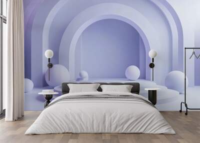 An abstract purple geometric background featuring a podium and spheres. Wall mural