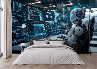 An AI robot works on a computer with a digital interface, blending technology with futuristic design. Wall mural