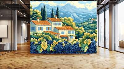 An Italian villa sits amidst grapevines, offering stunning views of mountains and lush landscapes. Wall mural