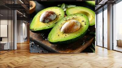 Avocado halves sprinkled with salt and pepper, resting on a wooden board. Wall mural