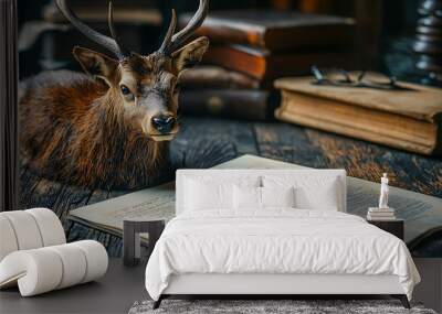 Deer antlers rest on an old book beside a quill pen, evoking a sense of rustic wisdom. Wall mural