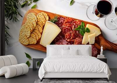 Delightful charcuterie board featuring cured meats, artisanal cheeses, and gourmet accompaniments, appetizer spread, epicurean delight, wine pairing, grazing table, Wall mural