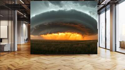 Dramatic storm clouds over a grassy field with lightning, highlighting nature�s fury. Wall mural