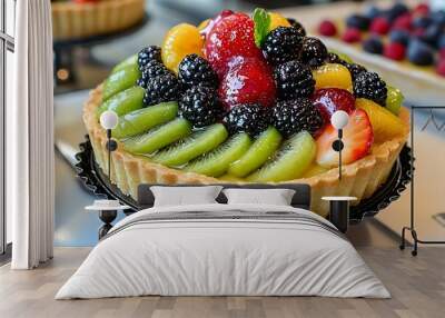 Exquisite fruit tart with a buttery crust and fresh seasonal fruits, patisserie, fruit-filled goodness, pastry art, afternoon tea, indulgent dessert, Wall mural