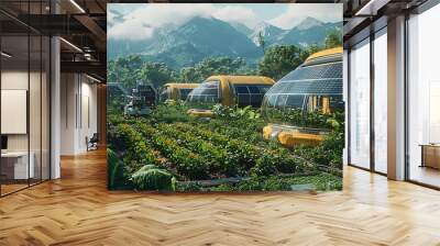 Futuristic greenhouses with solar panels set against a mountain landscape, combining technology and nature. Wall mural