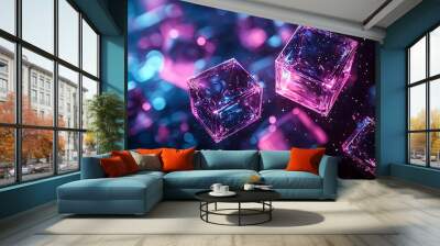 Glass cubes shine with neon lights, framed by a dreamy bokeh backdrop. Wall mural