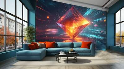 Glowing diamond-shaped abstract design with light streaks and bokeh effects, enhancing its sparkling and radiant appearance. Wall mural